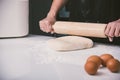 Hand of woman making dough pastry pie with rolling wooden Royalty Free Stock Photo