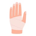 Hand with bandage. First aid, protection in case of burn of skin, physical trauma, wound. Clean bandage, patch. Injury