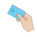 Hand with a bank card, contactless payment concept, in a color, vector