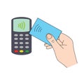 Hand with a bank card near pos terminal, contactless payment concept, in a color, vector