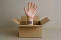 Hand with Barcode Inside a Cardboard Box Ã¢â¬\' Symbol of Modern Consumerism and Identity Loss Royalty Free Stock Photo