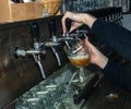 The hand of a bartender girl at a beer tap pours draft beer into a glass served in a restaurant or pub Royalty Free Stock Photo