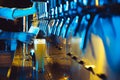 Hand of bartender pouring a fresh lager beer from tap to glass in neon light. Royalty Free Stock Photo