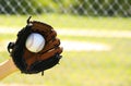 Hand of Baseball Player with Glove and Ball over Field Royalty Free Stock Photo