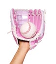 Hand of Baseball Player with Pink Glove and Ball isolated Royalty Free Stock Photo