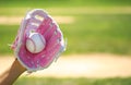 Hand of Baseball Player with Pink Glove and Ball