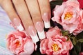 Hand with beautiful long artificial french manicured nails Royalty Free Stock Photo