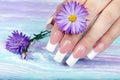 Hand with beautiful long artificial french manicured nails Royalty Free Stock Photo