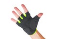 Hand with bicycle glove on white background