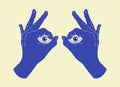 Hand binocular. See perspective. Visionary or idea watching. Search way and view. Direction discovery. Silhouette arms