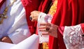 hand of a bishop in clerical dress blessing the faithful