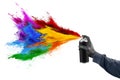 hand with black glove and color spray can with colorful rainbow paint powder cloud explosion isolated white panorama background. Royalty Free Stock Photo