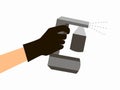 Hand in a black glove holds a gray spray tan machine. Vector illustration of auto tanning procedure