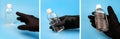 Hand in black glove reaches, catch and hold sanitizer on blue. Three square pictures collage disinfection concept