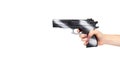 Hand with black gun, side view pistol, crime and military concept