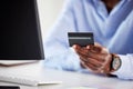 Hand, black man and computer with credit card, office and online shopping for deal, discount and payment. African Royalty Free Stock Photo