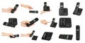 Hand with black office phone, set and collection Royalty Free Stock Photo