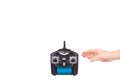 Hand with black remote control for drone, RC with antenna Royalty Free Stock Photo