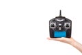 Hand with black remote control for drone, RC with antenna Royalty Free Stock Photo