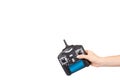 Hand with black remote control for drone, RC with antenna Royalty Free Stock Photo