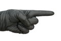 Hand in black rubber glove pointing to right with index finger, isolated on white background Royalty Free Stock Photo