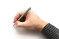 Hand with black shirt holding silver metal pen