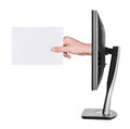 Hand with blank card and computer monitor Royalty Free Stock Photo