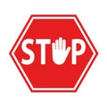 Hand blocking sign stop red on white, stock vector illustration