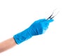 Hand in blue glove holding dental metal clamps isolated