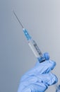 Hand in blue glove holding syringe with copy space. Syringe with sharp needle in hand. Medical treatment concept. Royalty Free Stock Photo