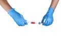 Hand in a blue glove holding syringe Royalty Free Stock Photo