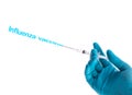 Hand in a blue glove holding syringe with influenza vaccine text Royalty Free Stock Photo