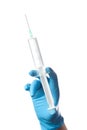 Hand in blue glove holding syringe isolated Royalty Free Stock Photo