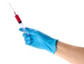 Hand in a blue glove holding syringe Royalty Free Stock Photo