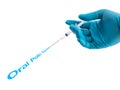 Hand in a blue glove holding syringe with Oral Polio vaccine tex Royalty Free Stock Photo