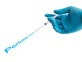 Hand in a blue glove holding syringe with Pertussis vaccine text