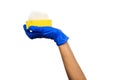Hand in a blue glove with a yellow sponge and soapy foam Royalty Free Stock Photo