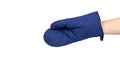 Hand with blue kitchen glove, heat protection and safety Royalty Free Stock Photo