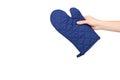 Hand with blue kitchen glove, heat protection and safety Royalty Free Stock Photo