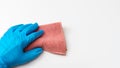 A hand in a blue latex glove holds a pink microfiber rag isolated on a white background, copy of the prastranst Royalty Free Stock Photo