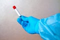 Hand in blue medical disposable rubber gloves holding a blank test tube to collect analyzes on a gray background Royalty Free Stock Photo