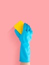 Hand in blue rubber glove holding yellow cleaning sponge, cleaning and disinfection for good hygiene isolated on pink background Royalty Free Stock Photo