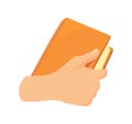 Hand with book. People hands holding notebook of education for learning knowledge, flat icon cartoon vector illustration Royalty Free Stock Photo