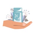 Hand with Bottle with gomeophatic granules, homeopathy logo. Homeopathic and herbal pills, vector illustration Royalty Free Stock Photo