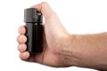 Hand with bottle of pepper spray isolated on white background Royalty Free Stock Photo