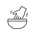 Hand in bowl. Linear icon of knead dough or mixing stuffing by hand. Black simple illustration of cooking process. Contour