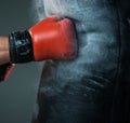 Hand of boxer and punching bag over black
