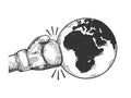 Hand in boxing glove hits Earth sketch engraving