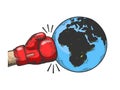 Hand in boxing glove hits Earth sketch engraving