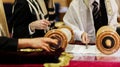 Hand of boy reading the Jewish Torah at Bar Mitzvah Royalty Free Stock Photo